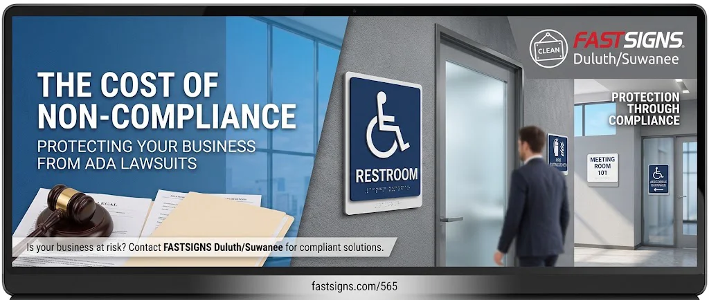 An image of ADA wayfinding restroom signage that says, "The Cost of Non-compliance: Protecting Your Business from ADA Lawsuits."